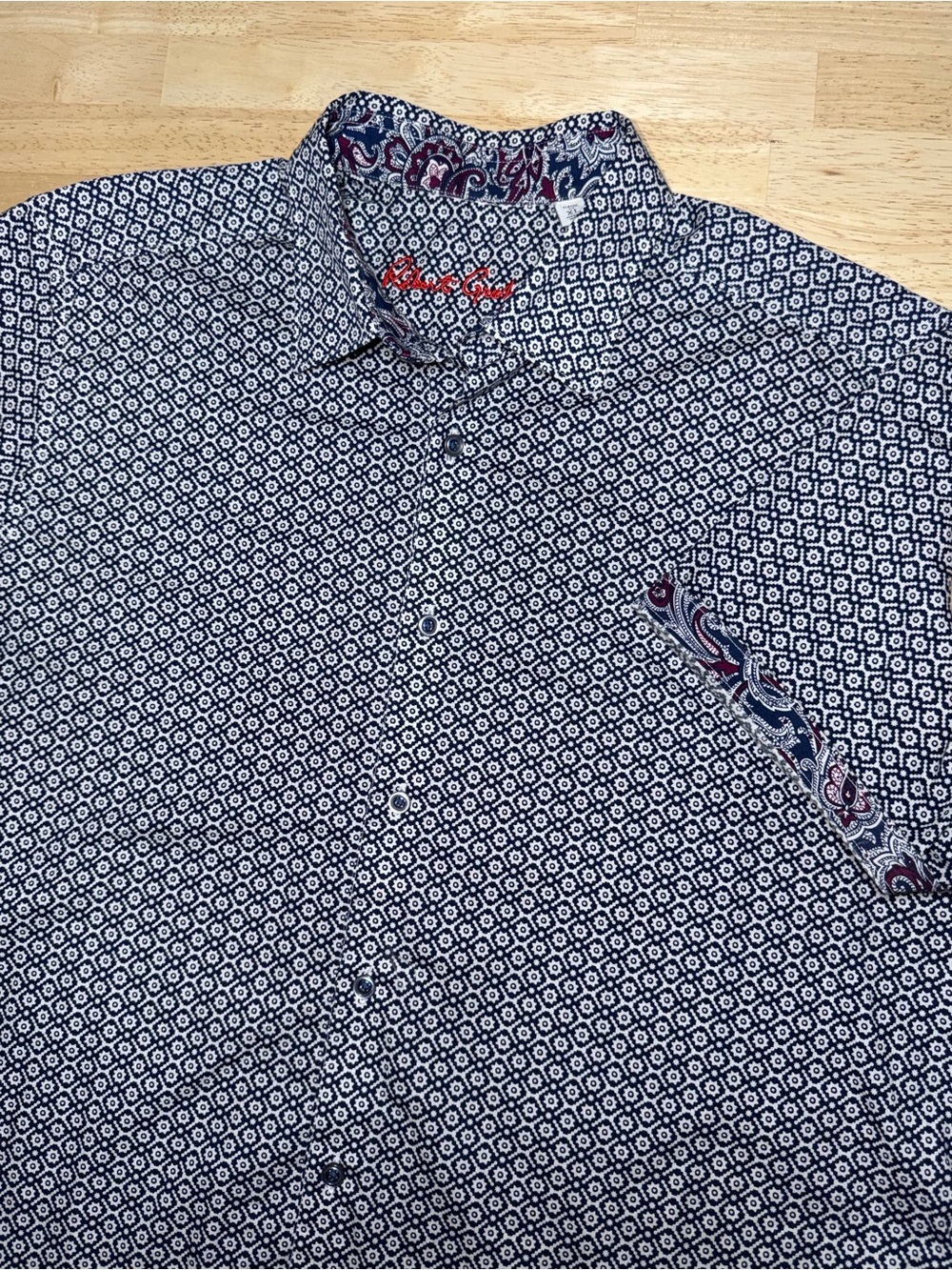 Robert Graham Navy Geometric Purple Paisley Flip Cuff Short Sleeve Shirt Mens XL